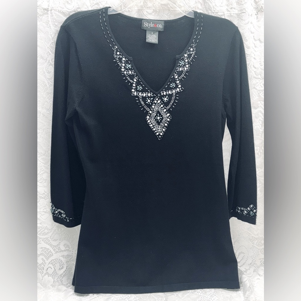 STYLE & CO.  Women’s Black Beaded 3/4 Sleeve Tunic Split Hemline M